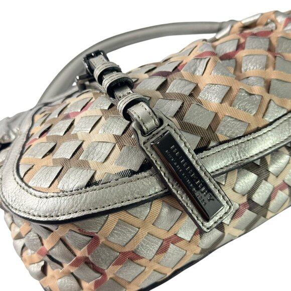 BURBERRY Silver Woven Leather and Nova Check Canvas Shoulder Bag Made in Italy - Picture 7 of 13
